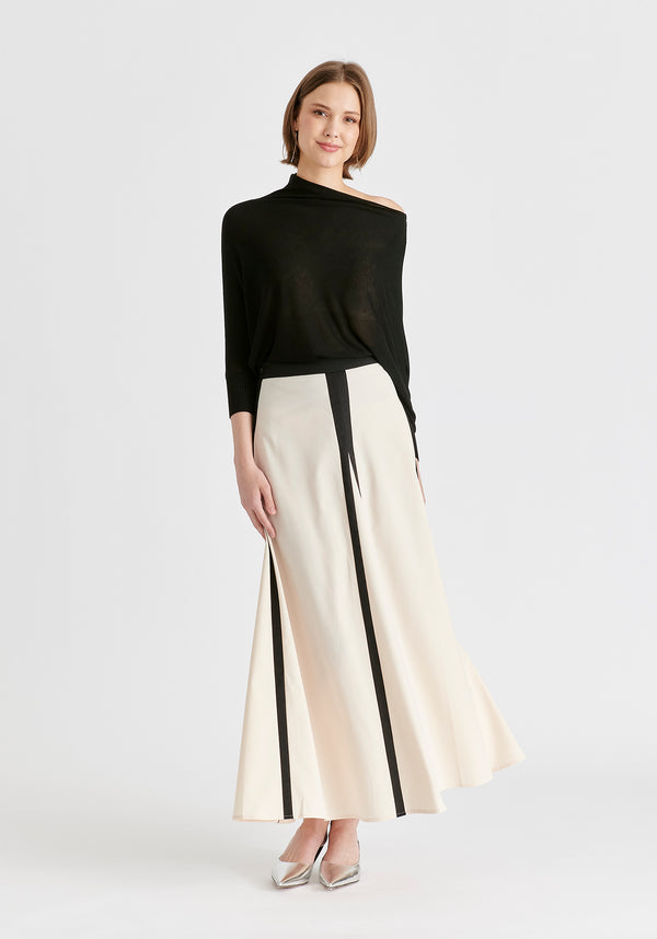 Contrast Trim Maxi Skirt in Beige and Black Front